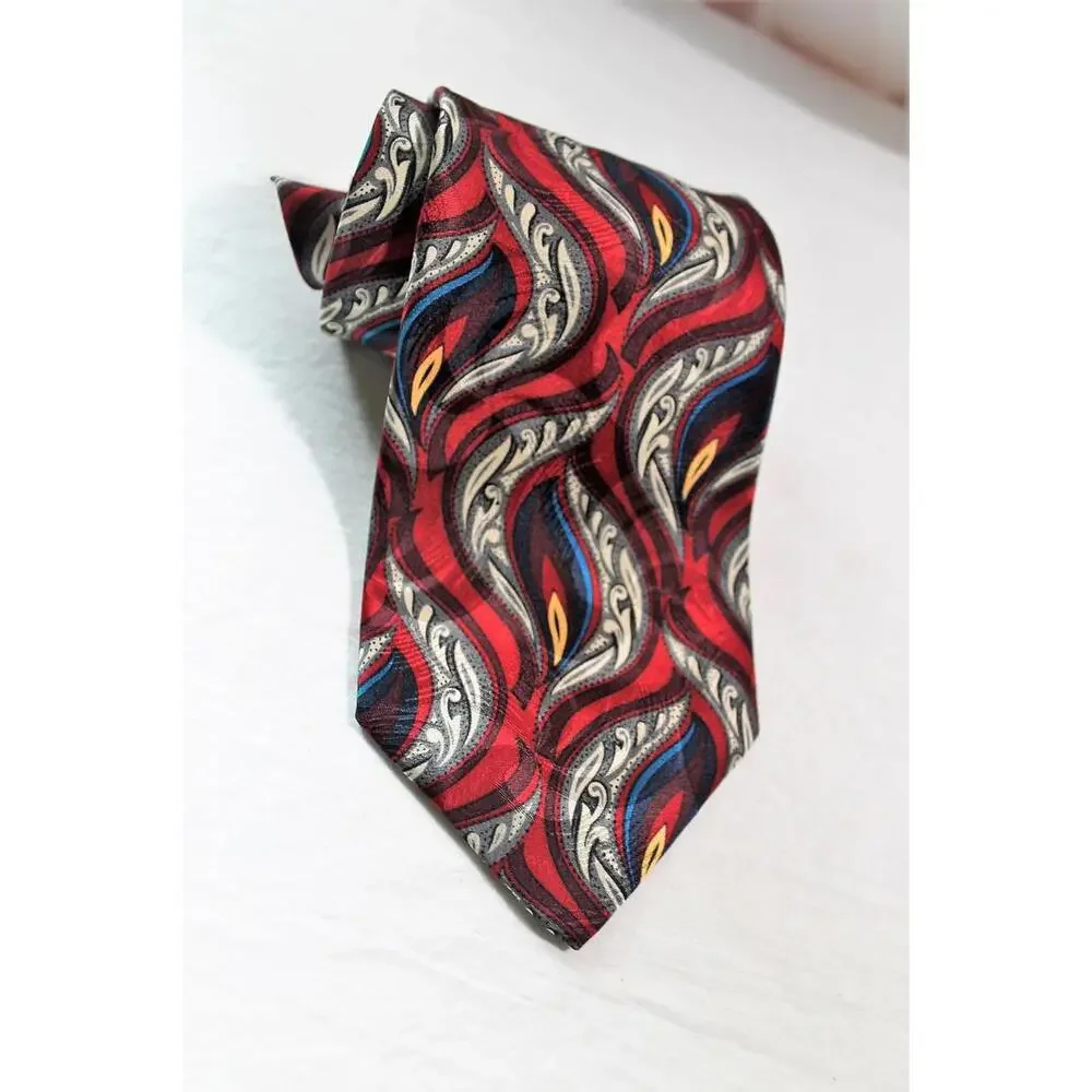 Vintage STUART HUGHES Silk Necktie, Maroon-Peacock Blue-Gold-White, 3.75 X 58